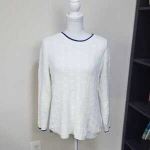 LANDS' END Drifter White with Blue Trim Cotton Crewneck Cableknit Sweater